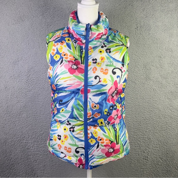 IBKUL Jackets & Blazers - IBKUL Reversible Puffer Vest Womens Small Blue Floral Full Zip Active Outdoors